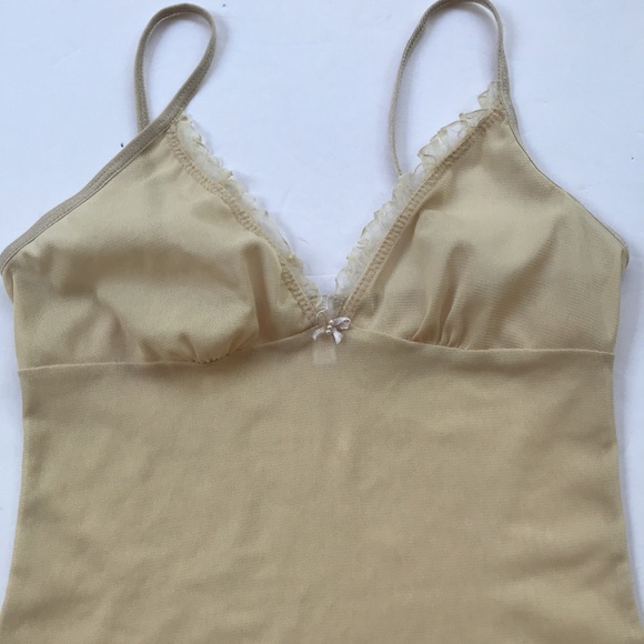 Vintage 90s Y2k Mesh Coquette Sexy Fairy Festival Cami Tank Top Baby Tee Bow Tan - Picture 6 of 17